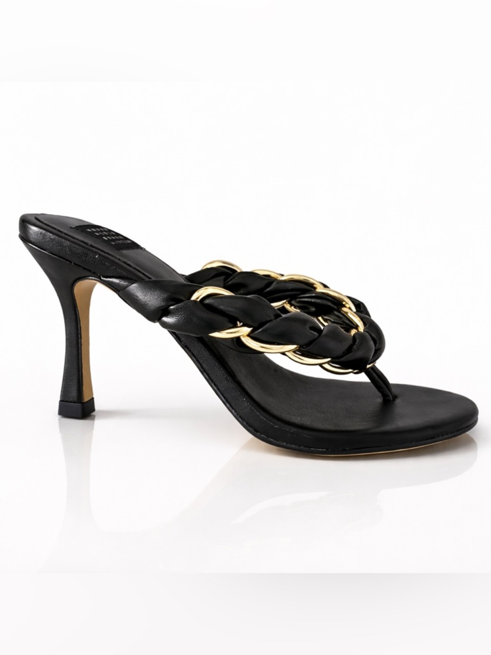 WHITE HOUSE BLACK MARKET Iris Chain Braided Thong Heeled Sandal Black Gold SZ 6